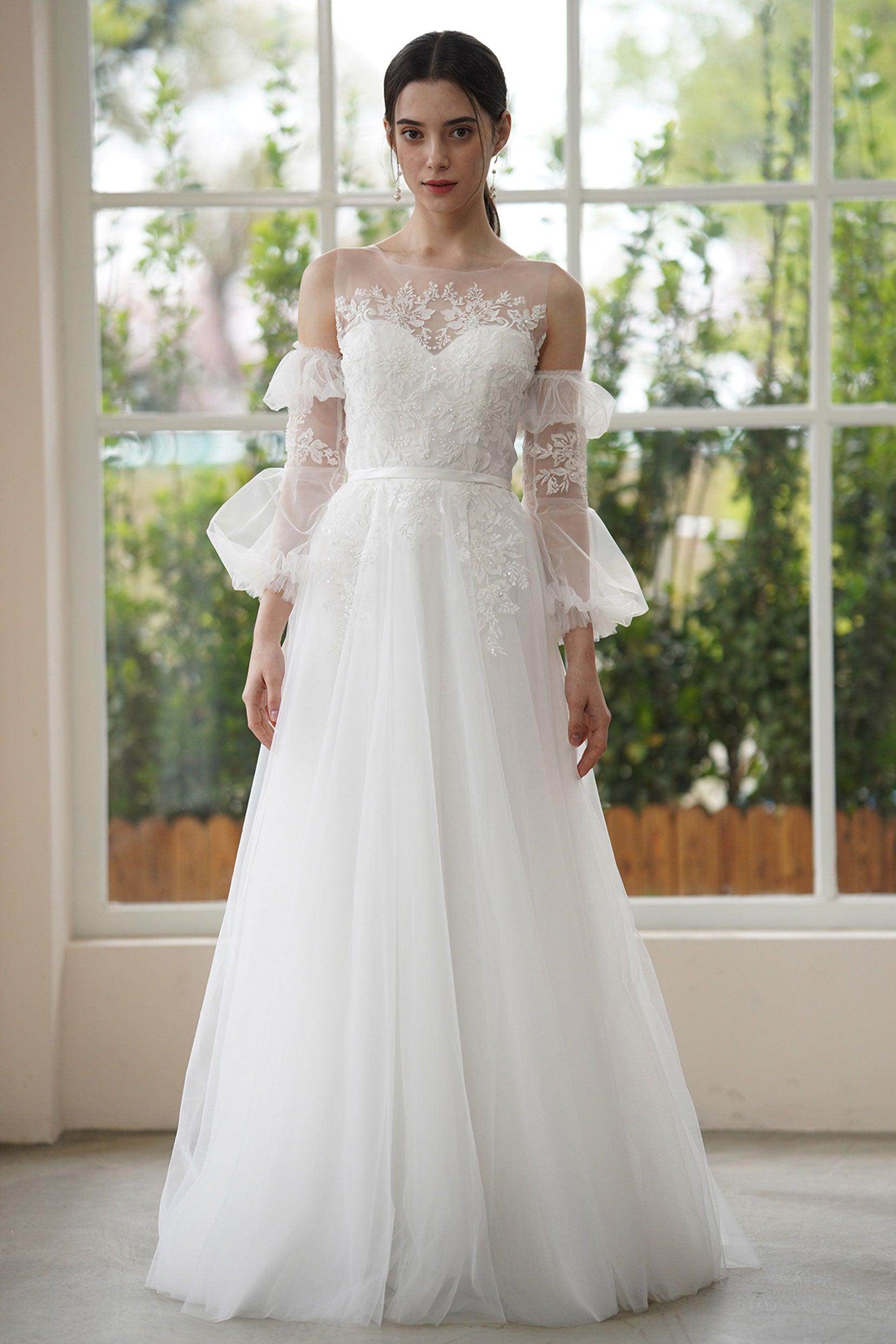 A-Line Sweep-Brush Train Lace Tulle Wedding Dress CW3309 - COCOMELODY